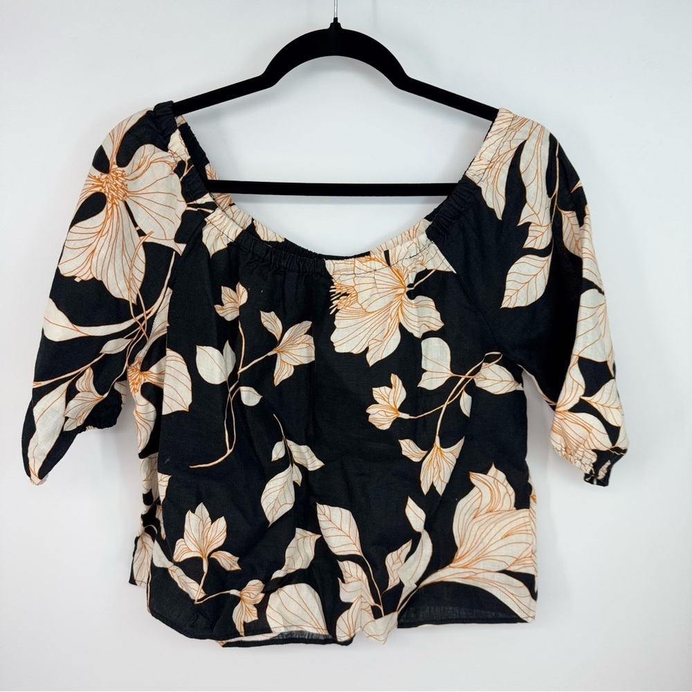 Cynthia Rowley 100% Linen Flounce Floral Black and Cream Women's Top